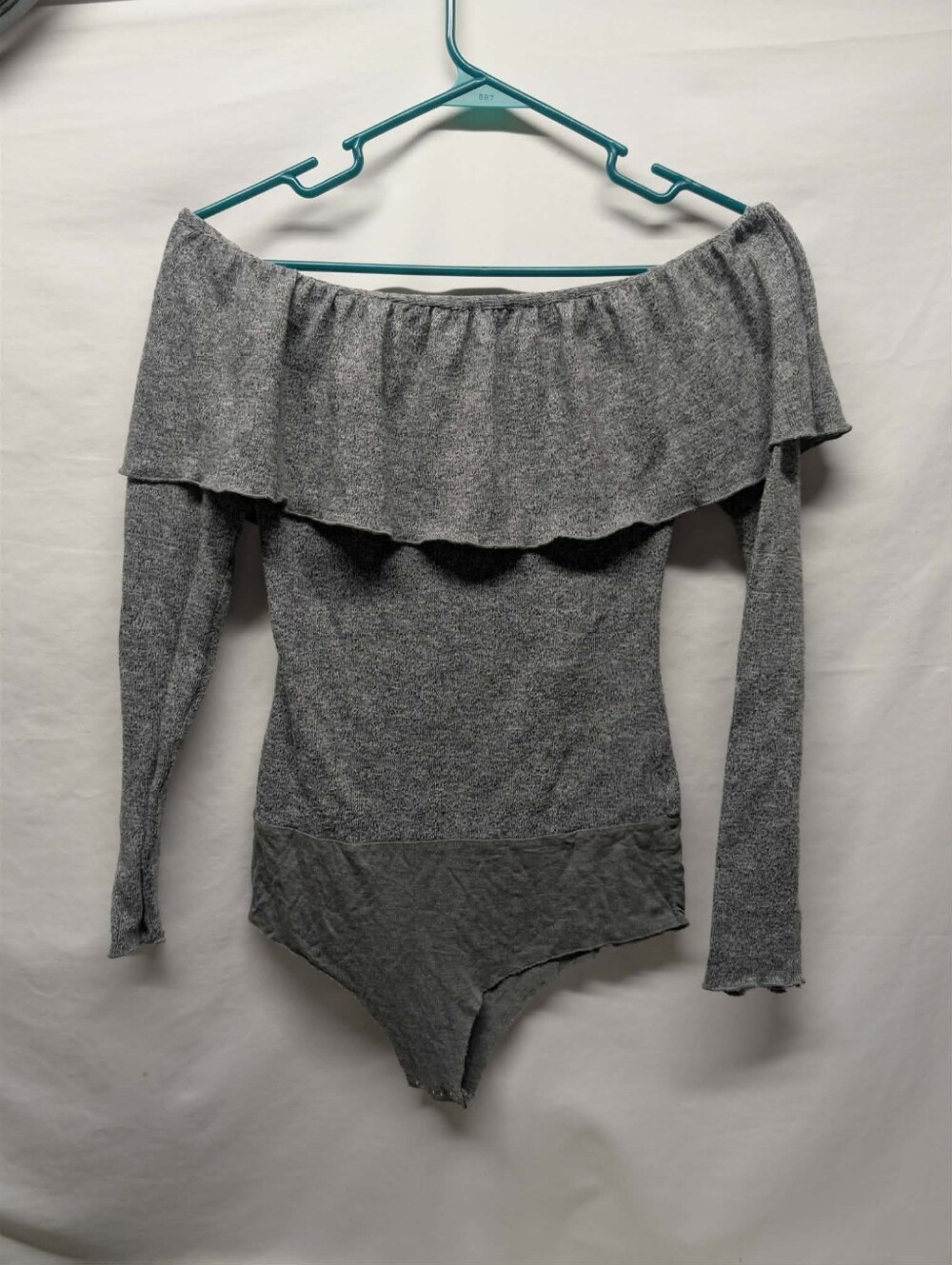 Off-Shoulder Gray Ruffle Bodysuit - Picture 2 of 4